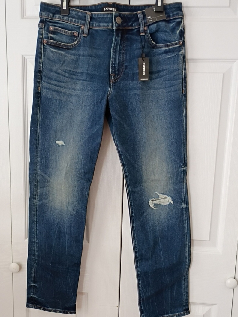 Express Slim Men's Dark Blue Slim Straight Jeans with Distress